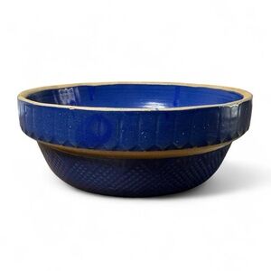 Vintage Roseville Pottery Picket Fence Bowl Cobalt Blue Salt Glaze Yellow Ware